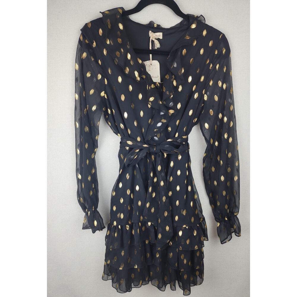 Hem & Thread Women's M Black & Gold Tiered ruffled dress with sheer sleeves